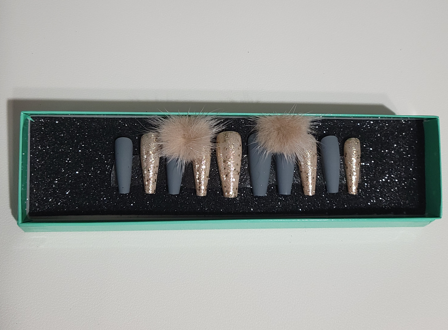 Dark Grey Pom Pom Press on Nails