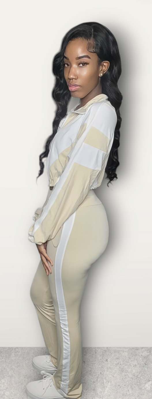 Beige Color Block Jogging Suit Set