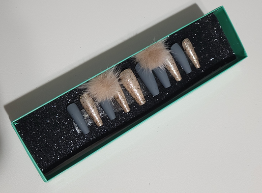 Dark Grey Pom Pom Press on Nails