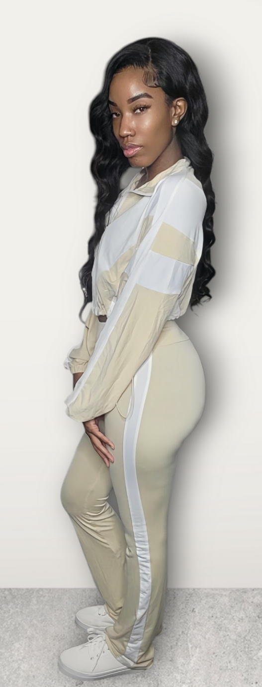 Beige Color Block Jogging Suit Set