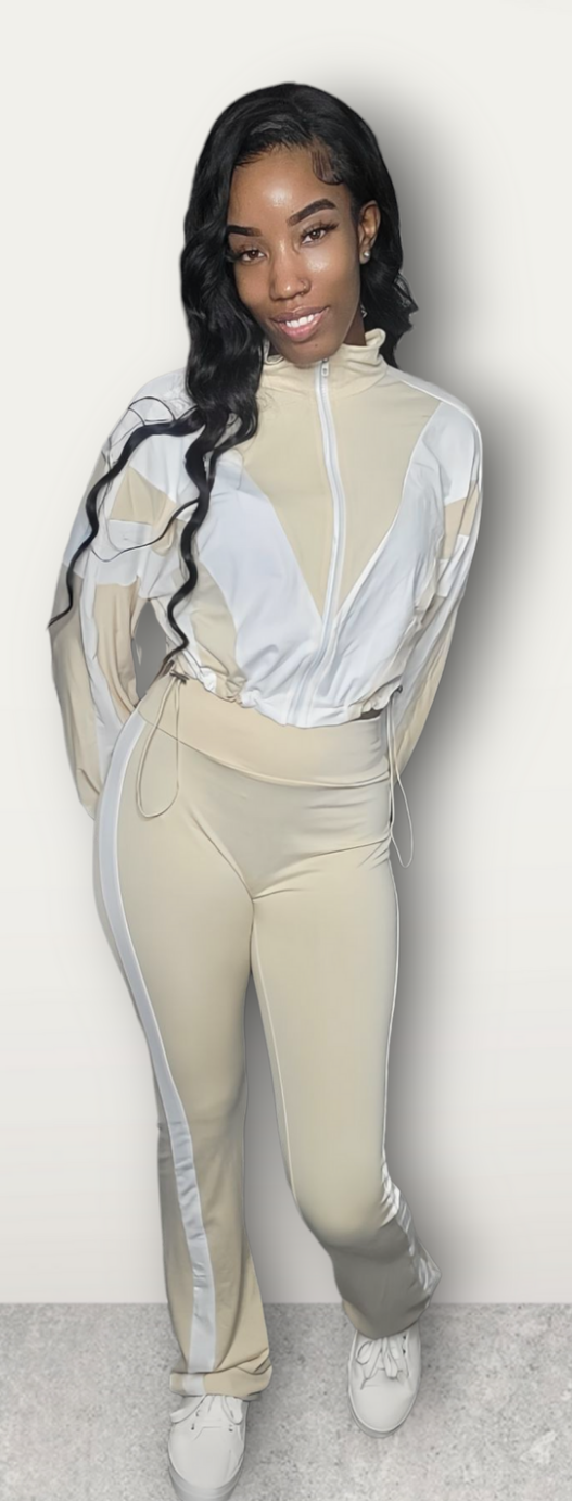 Beige Color Block Jogging Suit Set
