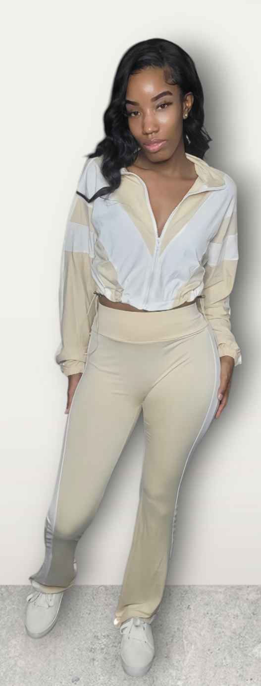 Beige Color Block Jogging Suit Set